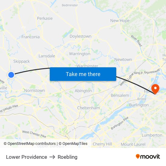 Lower Providence to Roebling map