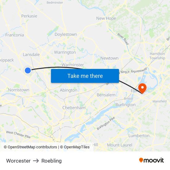 Worcester to Roebling map