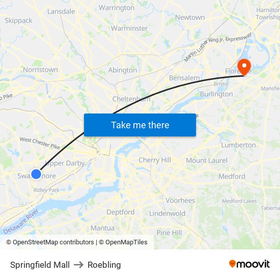 Springfield Mall to Roebling map