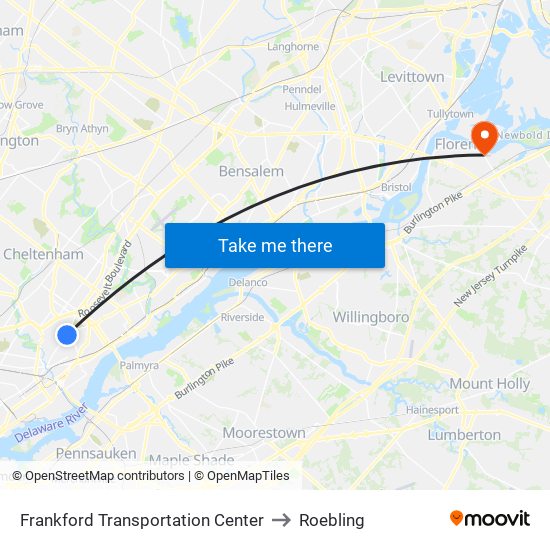 Frankford Transportation Center to Roebling map