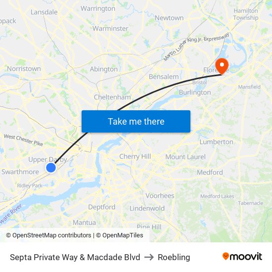 Septa Private Way & Macdade Blvd to Roebling map