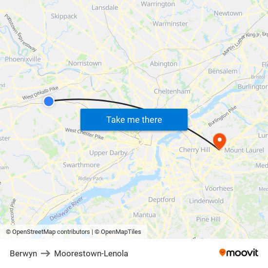 Berwyn to Moorestown-Lenola map