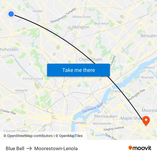 Blue Bell to Moorestown-Lenola map