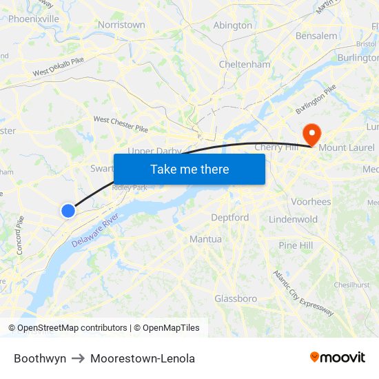 Boothwyn to Moorestown-Lenola map