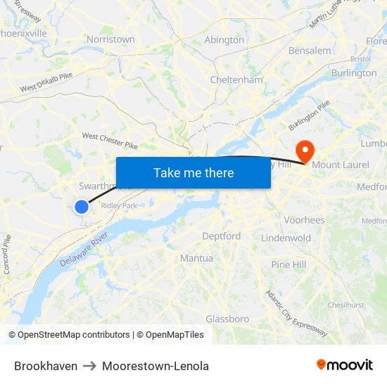 Brookhaven to Moorestown-Lenola map