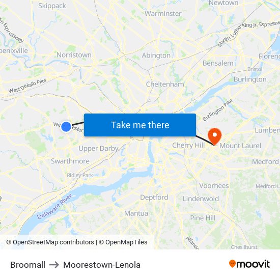 Broomall to Moorestown-Lenola map