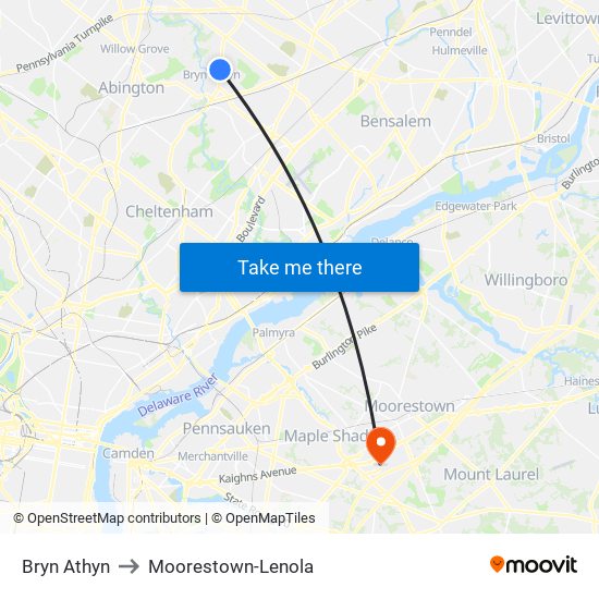 Bryn Athyn to Moorestown-Lenola map