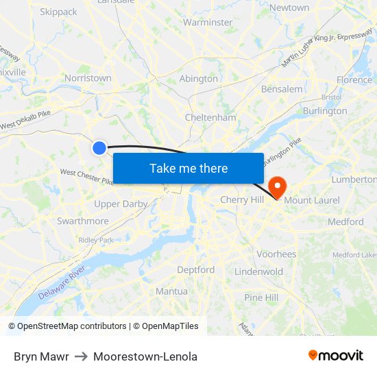 Bryn Mawr to Moorestown-Lenola map