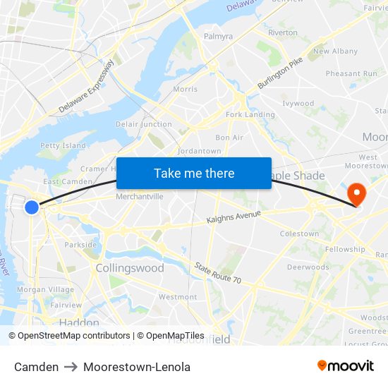 Camden to Moorestown-Lenola map
