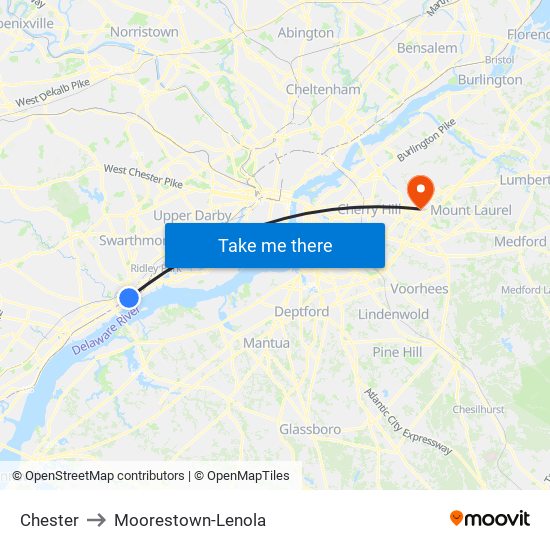 Chester to Moorestown-Lenola map
