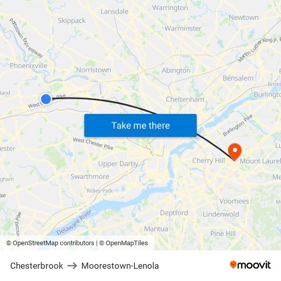 Chesterbrook to Moorestown-Lenola map