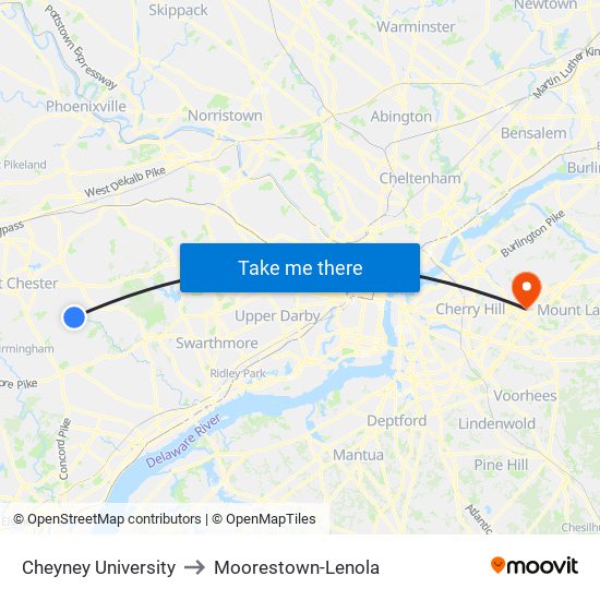 Cheyney University to Moorestown-Lenola map