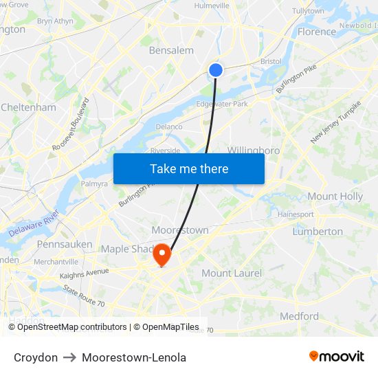 Croydon to Moorestown-Lenola map