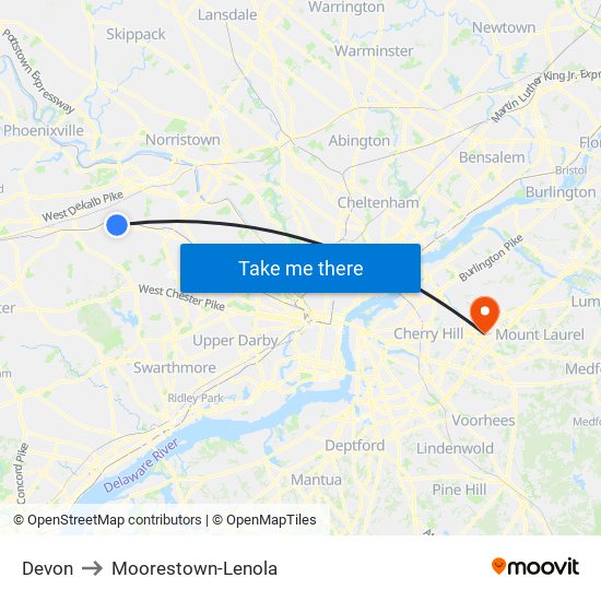 Devon to Moorestown-Lenola map