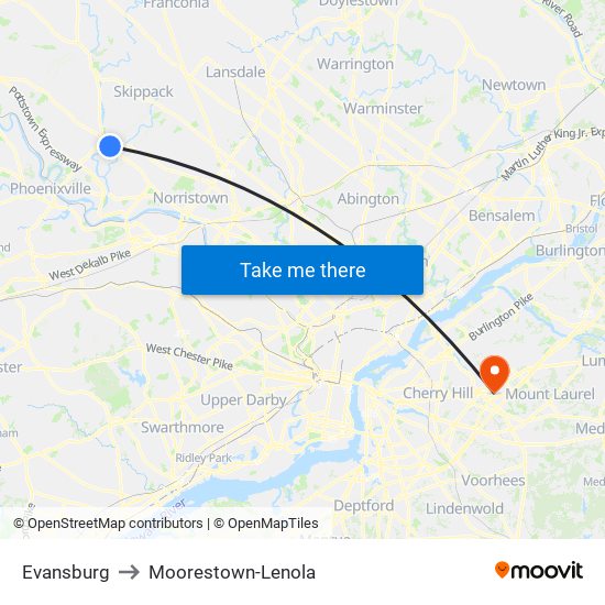 Evansburg to Moorestown-Lenola map