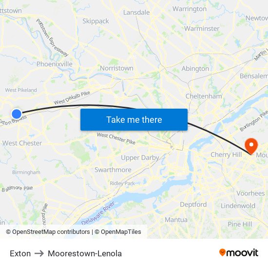 Exton to Moorestown-Lenola map