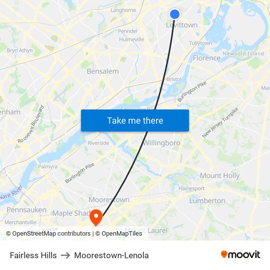 Fairless Hills to Moorestown-Lenola map