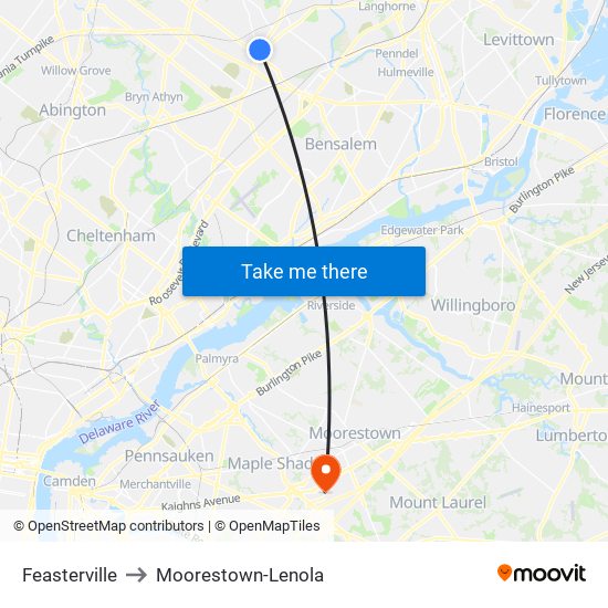 Feasterville to Moorestown-Lenola map