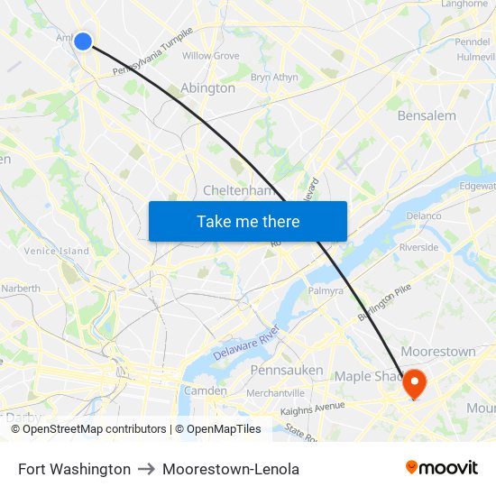 Fort Washington to Moorestown-Lenola map