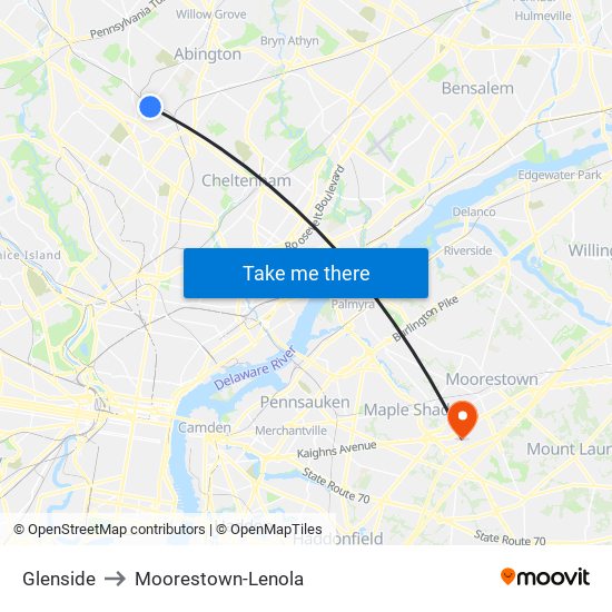 Glenside to Moorestown-Lenola map