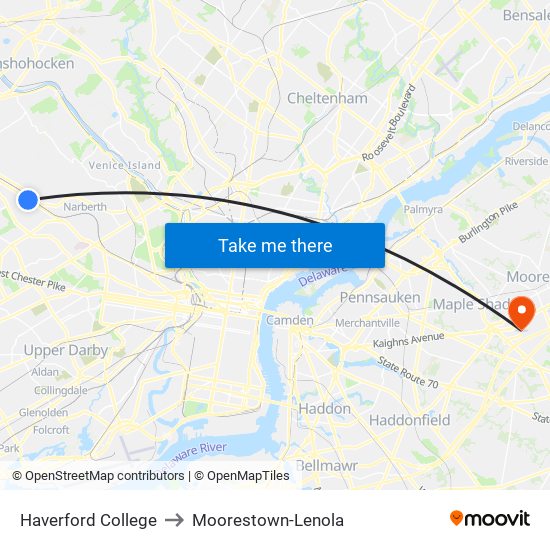 Haverford College to Moorestown-Lenola map