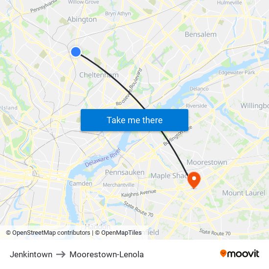 Jenkintown to Moorestown-Lenola map