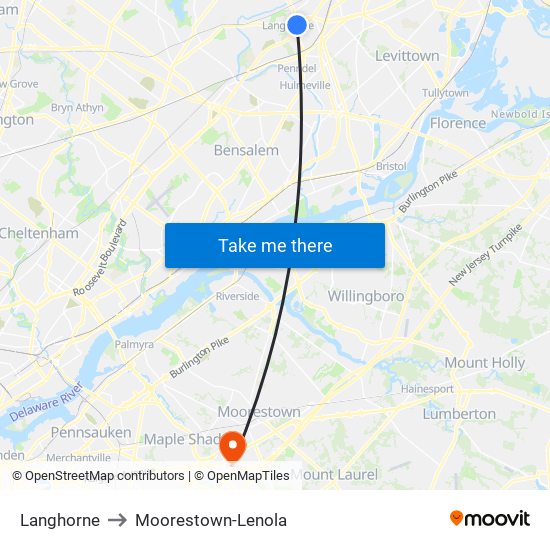 Langhorne to Moorestown-Lenola map