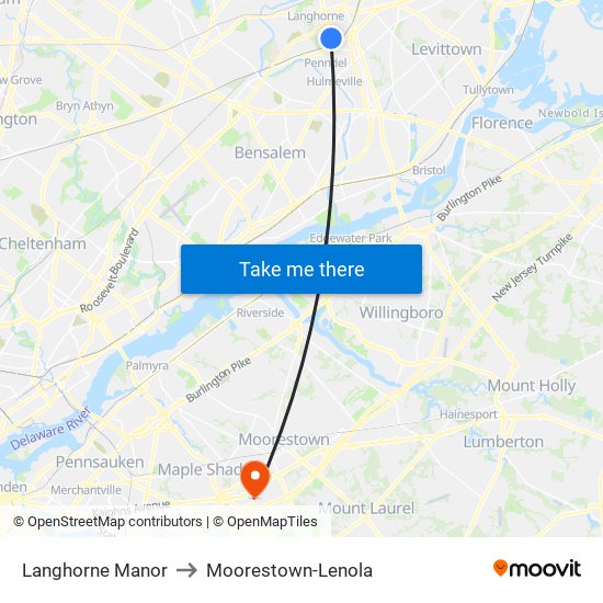 Langhorne Manor to Moorestown-Lenola map