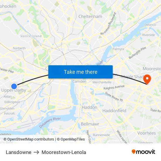 Lansdowne to Moorestown-Lenola map