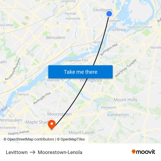Levittown to Moorestown-Lenola map