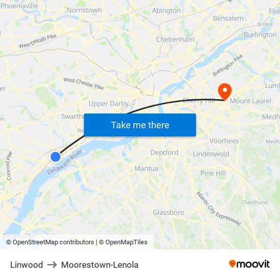 Linwood to Moorestown-Lenola map