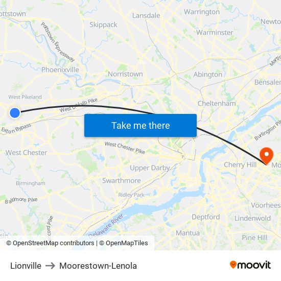 Lionville to Moorestown-Lenola map