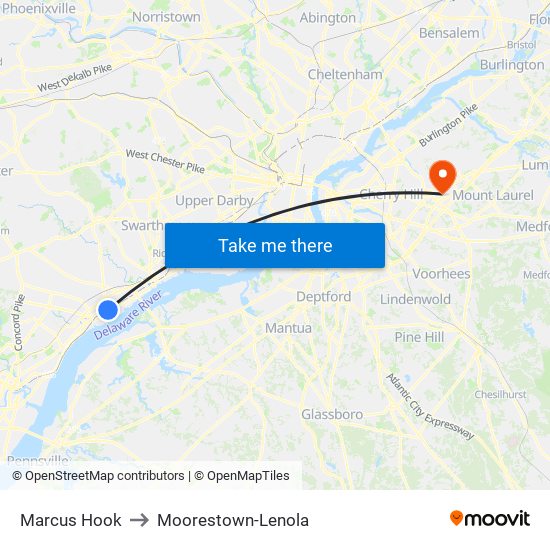 Marcus Hook to Moorestown-Lenola map