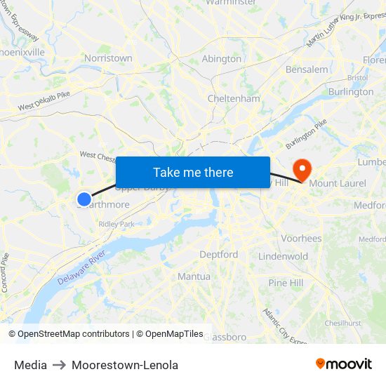 Media to Moorestown-Lenola map