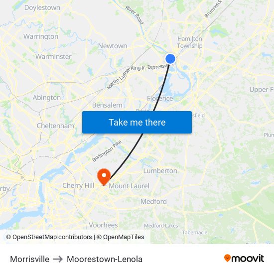 Morrisville to Moorestown-Lenola map