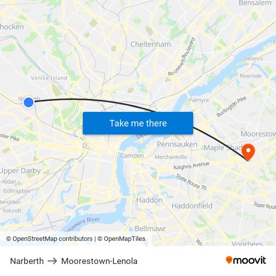 Narberth to Moorestown-Lenola map