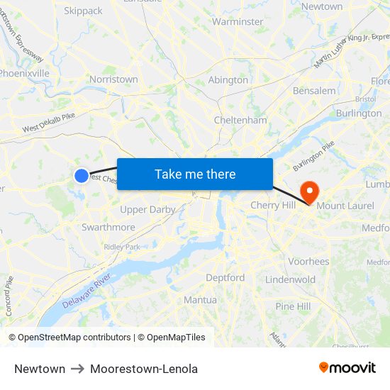 Newtown to Moorestown-Lenola map