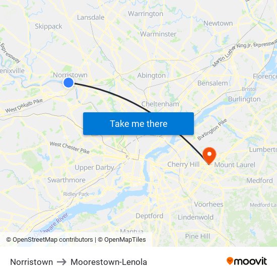 Norristown to Moorestown-Lenola map