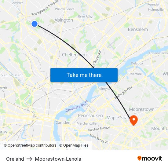 Oreland to Moorestown-Lenola map