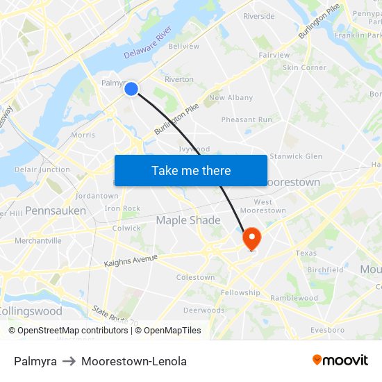 Palmyra to Moorestown-Lenola map