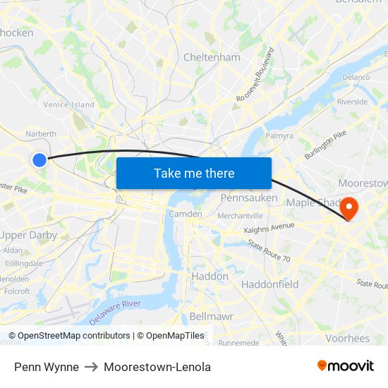 Penn Wynne to Moorestown-Lenola map