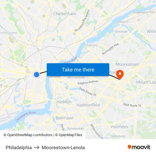 Philadelphia to Moorestown-Lenola map