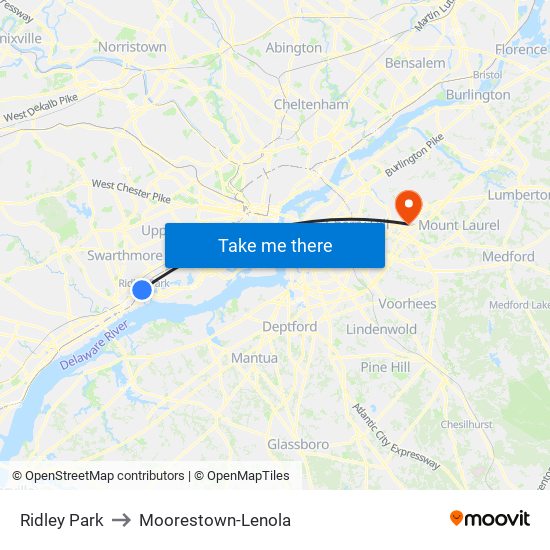 Ridley Park to Moorestown-Lenola map