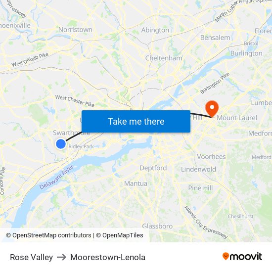 Rose Valley to Moorestown-Lenola map