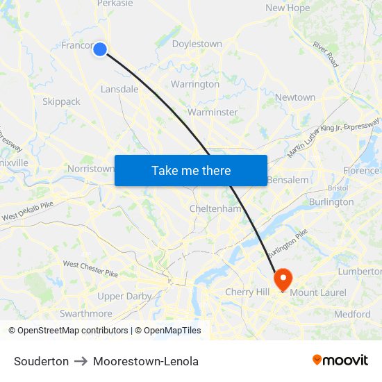 Souderton to Moorestown-Lenola map