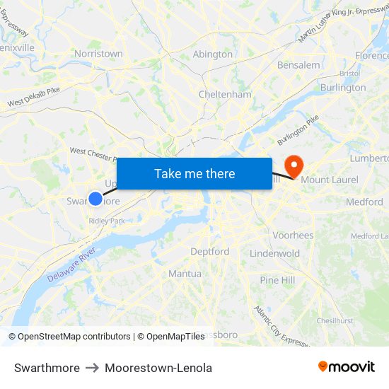 Swarthmore to Moorestown-Lenola map