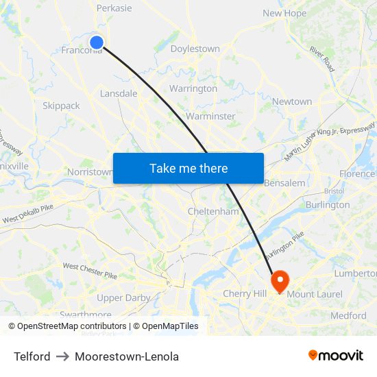Telford to Moorestown-Lenola map