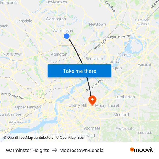 Warminster Heights to Moorestown-Lenola map