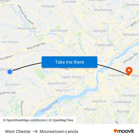 West Chester to Moorestown-Lenola map