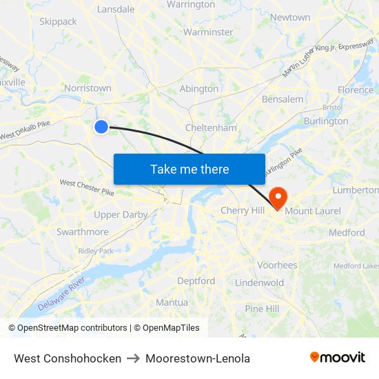 West Conshohocken to Moorestown-Lenola map